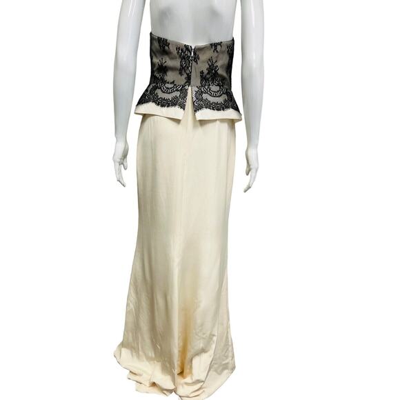 MARCHESA NOTTE Ivory Silk Black Lace Strapless Peplum Waist Maxi Evening Gown 8 - Picture 4 of 6